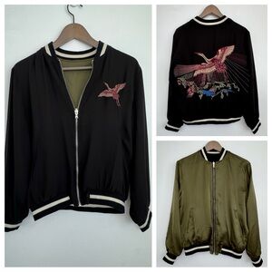 NWOT Reversible Embroidered Crane Jacket, Black & Army Green Women's Size S-M